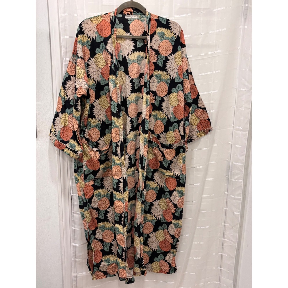 Mahogany Women Cotton Floral Open Front Robe Duster Cardigan Black Peach Small